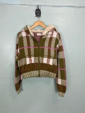 Free People Namesake Faux Fur Lined Hoodie Plaid Green Brown Full Zip XS Sweater